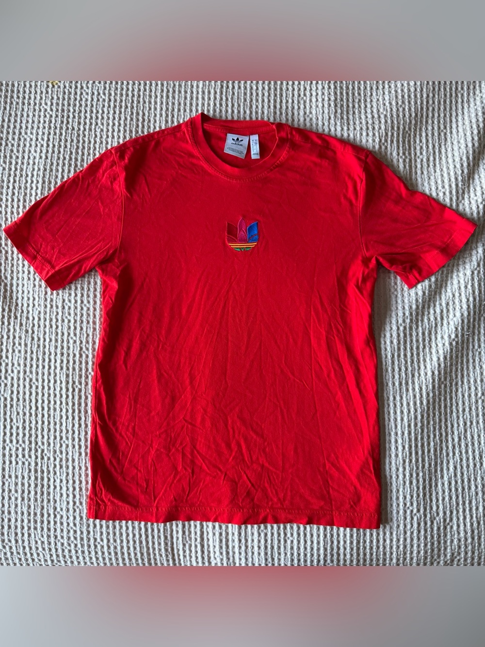 adidas Red Short Sleeve Tee with Multicolor Trefoil